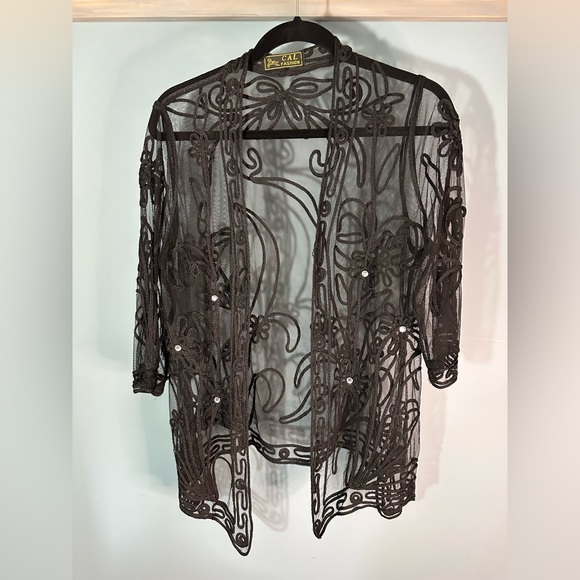 Cal Fashion Sheer Open Front Special Occassion Cardigan in Black Embroidery - Picture 6 of 7